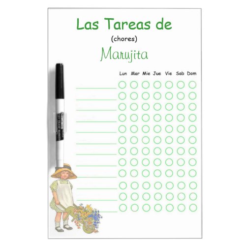Cute Customizable Childs Chore Chart in Spanish Dry_Erase Board