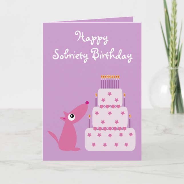 Cute Customizable Dog & Cake Sobriety Birthday Card (Front)