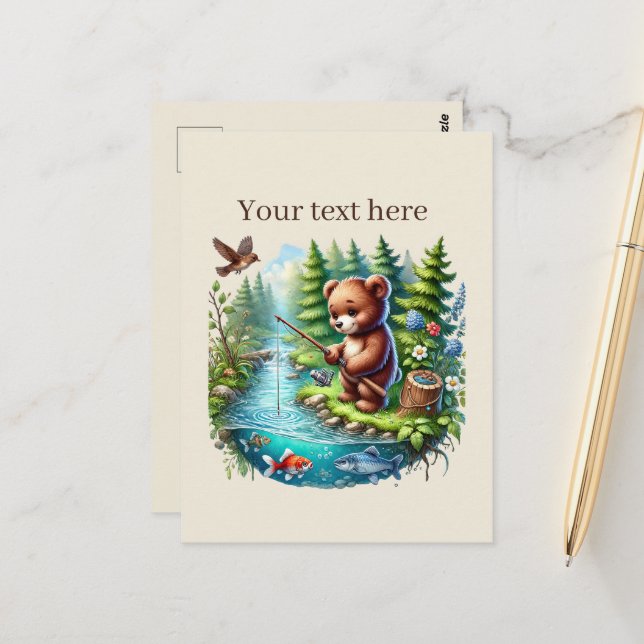 Cute customizable fishing bear postcard (Front/Back In Situ)