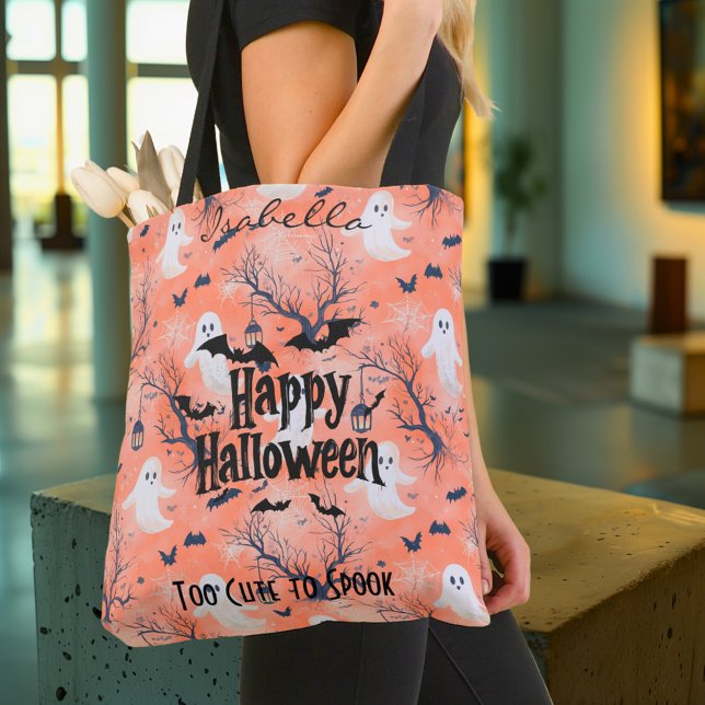 Cute Customizable Halloween Ghost with Bats Tote Bag (Creator Uploaded)