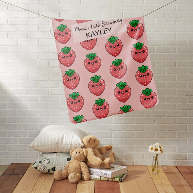 Cute Customizable Kawaii Strawberry Pink Baby Blanket (In Situ)