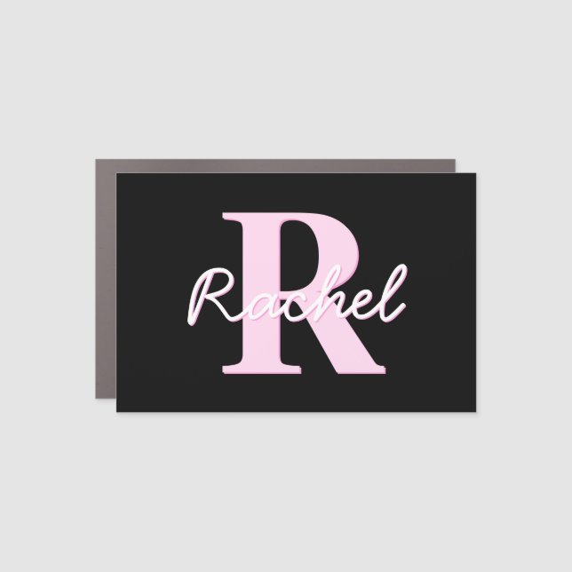 Cute Customizable Monogram | Light Pink & Black Car Magnet (Front)