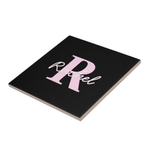Cute Customizable Monogram   Light Pink & Black Ceramic Tile