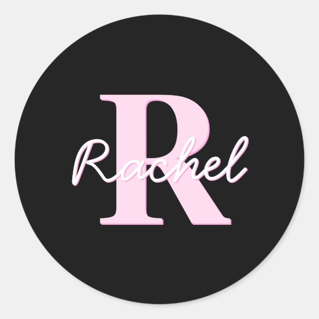 Cute Customizable Monogram | Light Pink & Black Classic Round Sticker (Front)