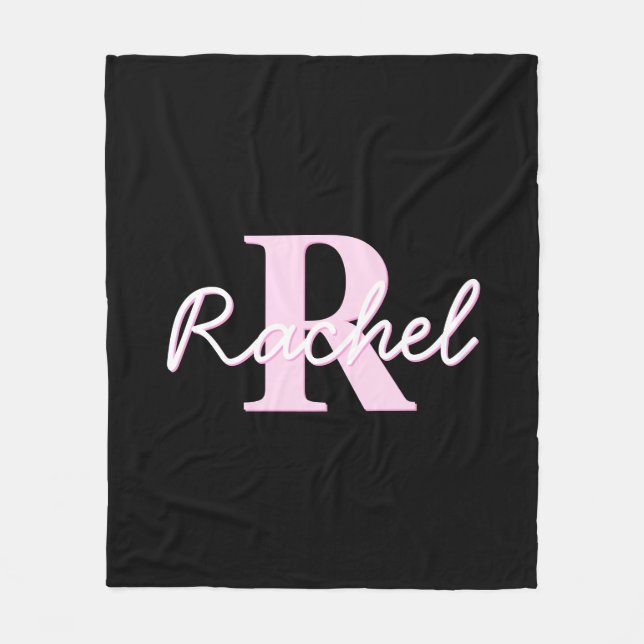 Cute Customizable Monogram | Light Pink & Black Fleece Blanket (Front)