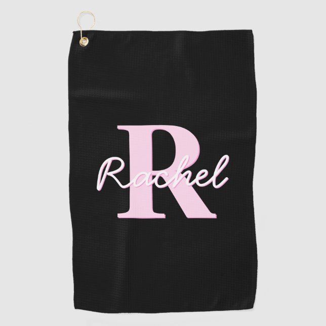 Cute Customizable Monogram | Light Pink & Black Golf Towel (Front)