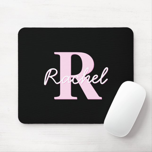 Cute Customizable Monogram | Light Pink & Black Mouse Pad (With Mouse)