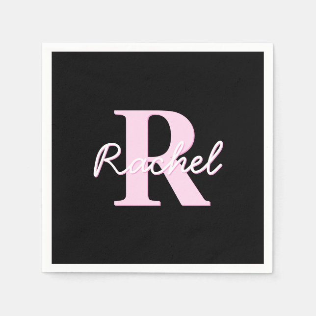 Cute Customizable Monogram | Light Pink & Black Napkins (Front)