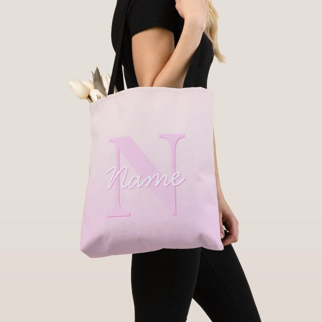 Cute Customizable Monogram | Peach & Pink Ombre Tote Bag (Close Up)