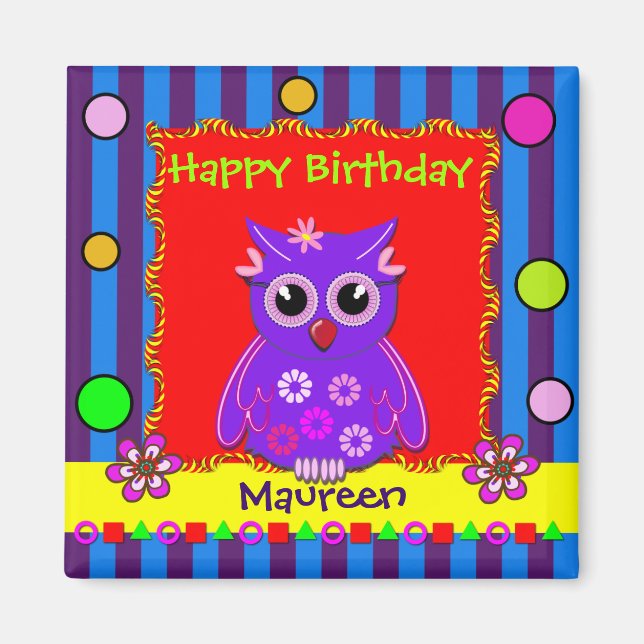 Cute customizable Owl Birthday Magnet with Text (Front)