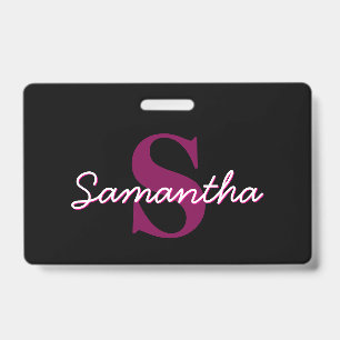 Cute Customizable Pink & Black Monogram Script Badge
