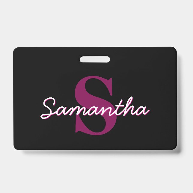 Cute Customizable Pink & Black Monogram Script Badge (Front)