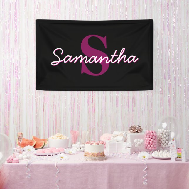 Cute Customizable Pink & Black Monogram Script Banner (Party)