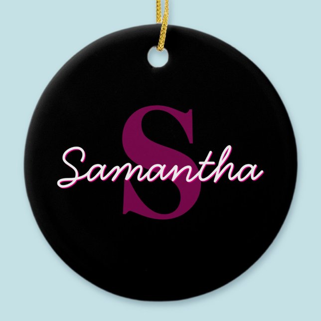Cute Customizable Pink & Black Monogram Script Ceramic Ornament (Creator Uploaded)