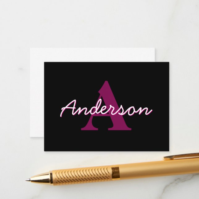 Cute Customizable Pink & Black Monogram Script Enclosure Card (Front/Back In Situ)