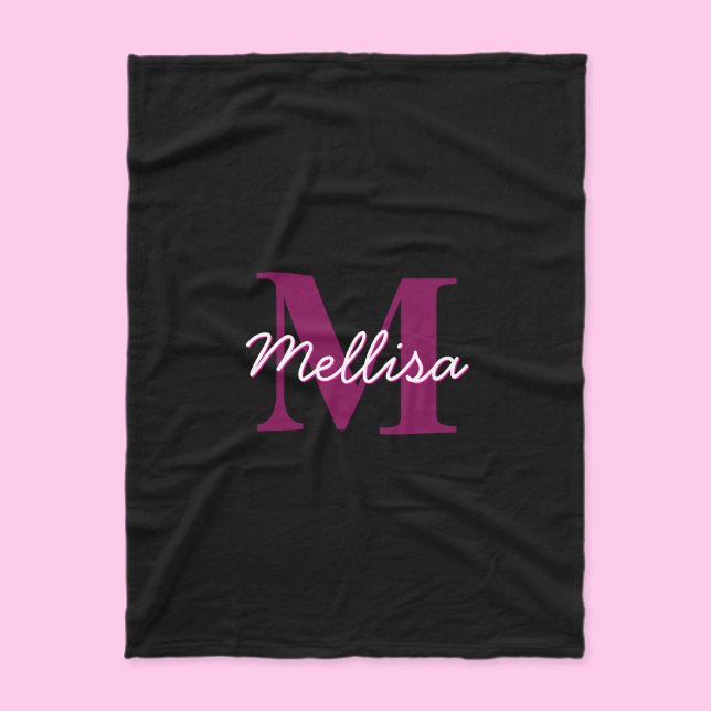 Cute Customizable Pink & Black Monogram Script Fleece Blanket (Creator Uploaded)