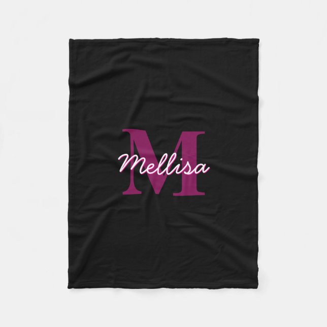 Cute Customizable Pink & Black Monogram Script Fleece Blanket (Front)