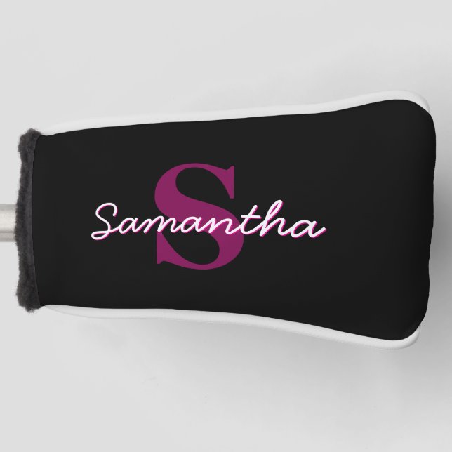 Cute Customizable Pink & Black Monogram Script Golf Head Cover (Front)