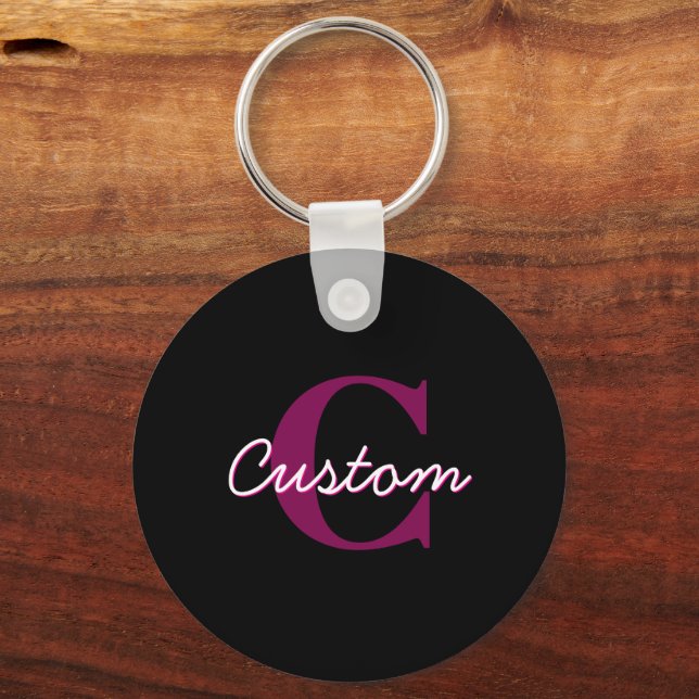 Cute Customizable Pink & Black Monogram Script Keychain (Front)