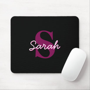 Cute Customizable Pink & Black Monogram Script Mouse Pad