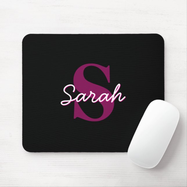 Cute Customizable Pink & Black Monogram Script Mouse Pad (With Mouse)