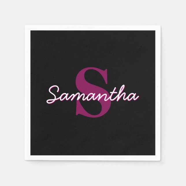 Cute Customizable Pink & Black Monogram Script Napkins (Front)