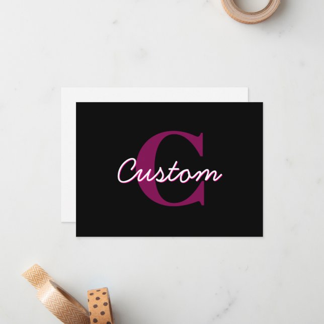 Cute Customizable Pink & Black Monogram Script Note Card (Front/Back In Situ)