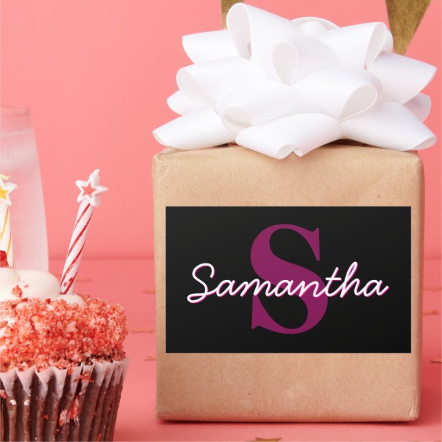 Cute Customizable Pink & Black Monogram Script Rectangular Sticker (Party)
