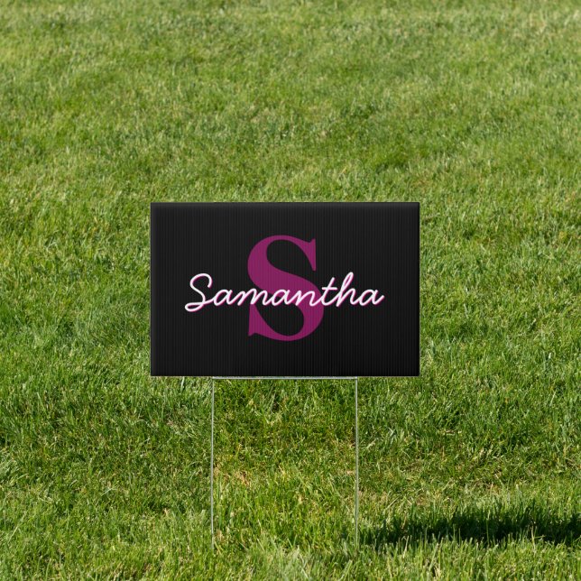 Cute Customizable Pink & Black Monogram Script Sign (Insitu)