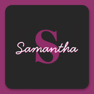 Cute Customizable Pink & Black Monogram Script Square Sticker