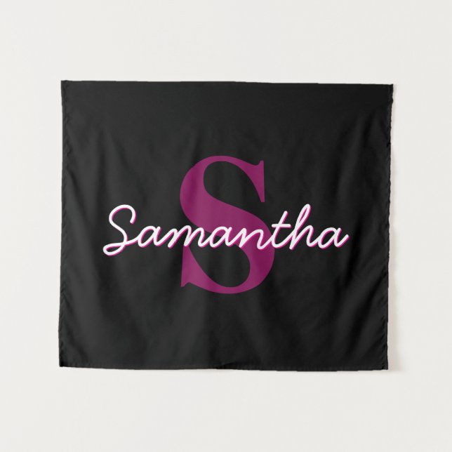 Cute Customizable Pink & Black Monogram Script Tapestry (Front (Horizontal))