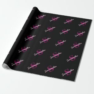 Cute Customizable Pink & Black Monogram Script Wrapping Paper