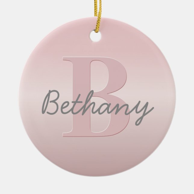 Cute Customizable Pink Monogram & Your Name Script Ceramic Ornament (Front)