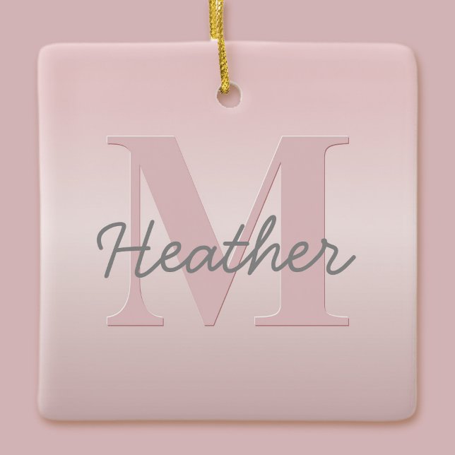Cute Customizable Pink Monogram & Your Name Script Ceramic Ornament (Creator Uploaded)