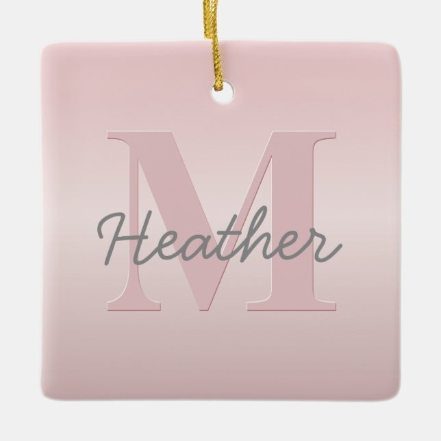 Cute Customizable Pink Monogram & Your Name Script Ceramic Ornament (Front)