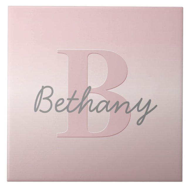 Cute Customizable Pink Monogram & Your Name Script Ceramic Tile (Front)
