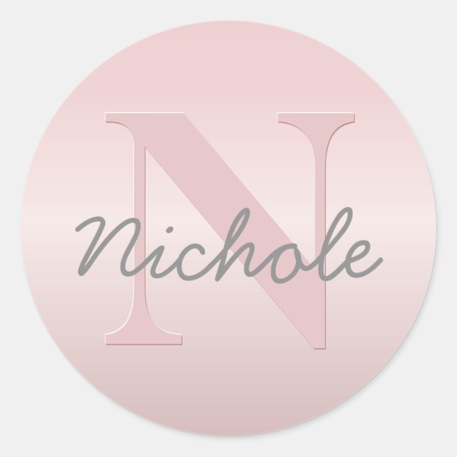Cute Customizable Pink Monogram & Your Name Script Classic Round Sticker (Front)
