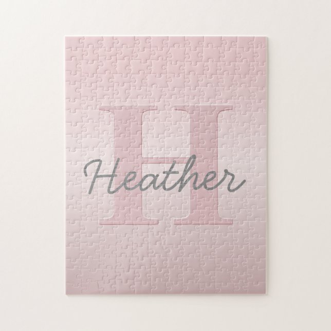 Cute Customizable Pink Monogram & Your Name Script Jigsaw Puzzle (Vertical)