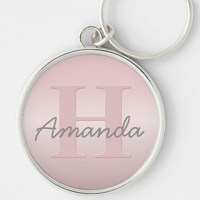 Cute Customizable Pink Monogram & Your Name Script Keychain (Front)
