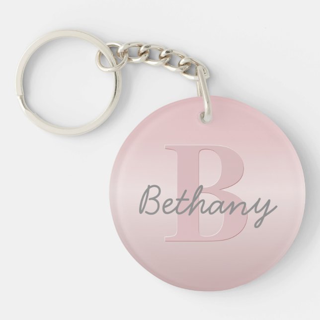 Cute Customizable Pink Monogram & Your Name Script Keychain (Front)