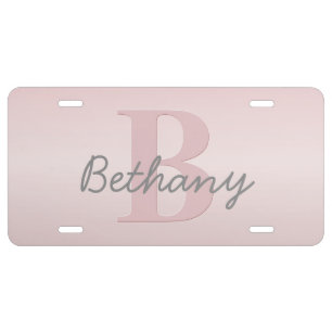 Cute Customizable Pink Monogram & Your Name Script License Plate