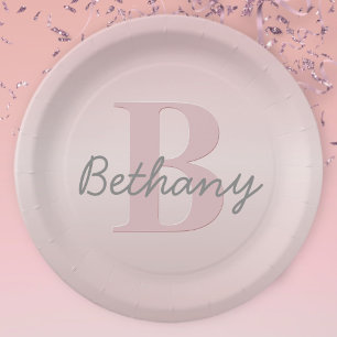 Cute Customizable Pink Monogram & Your Name Script Paper Plates