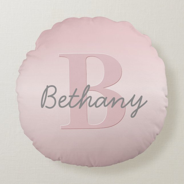 Cute Customizable Pink Monogram & Your Name Script Round Pillow (Front)