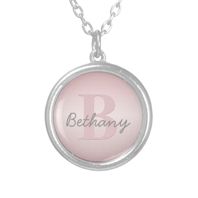 Cute Customizable Pink Monogram & Your Name Script Silver Plated Necklace (Front)