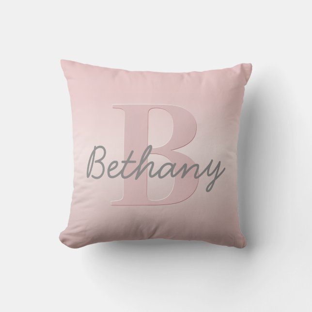 Cute Customizable Pink Monogram & Your Name Script Throw Pillow (Front)