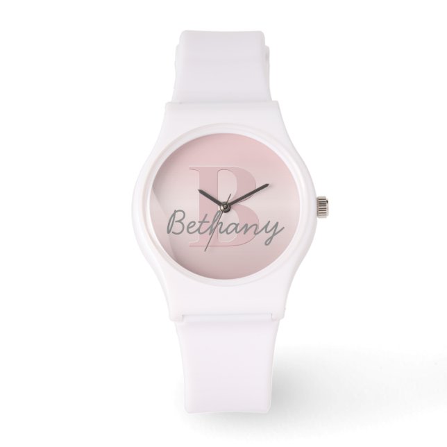 Cute Customizable Pink Monogram & Your Name Script Watch (Front)