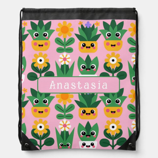 Cute Customizable Pot Plant Print Drawstring Bag (Front)