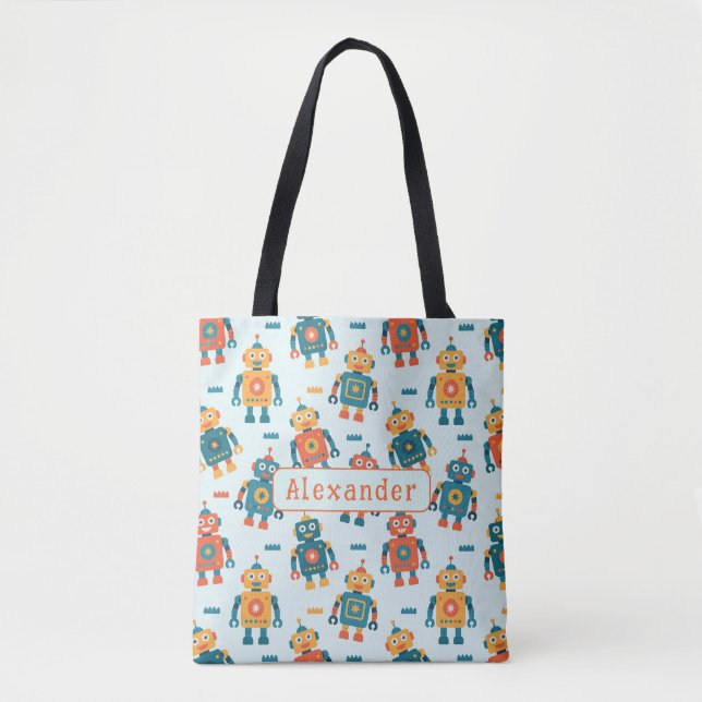 Cute Customizable Robot Print Tote Bag (Front)