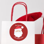 Cute Customizable Santa Claus Red Christmas Gift Classic Round Sticker<br><div class="desc">Customize these cute Santa Claus gift labels with your own personalized text with your kids name in white script. Santa's red hat and white beard are the perfect holiday drawing on this festive red gift sticker for your presents.</div>