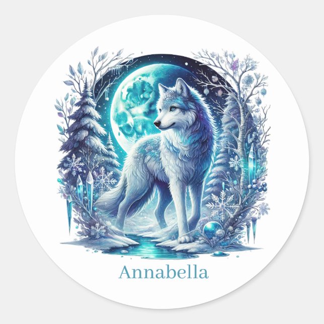 Cute customizable wolf lovers Winter Classic Round Sticker (Front)